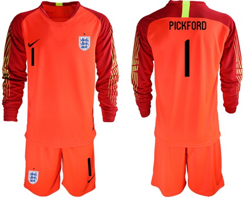 England #1 Pickford Red Long Sleeves Goalkeeper Soccer Country Jersey